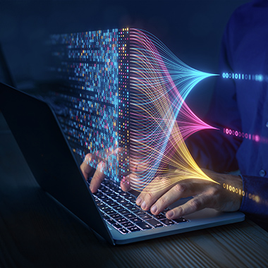 Scientist computing, analysing and visualising complex data set on computer. Data mining, artificial intelligence, machine learning, business analytics.