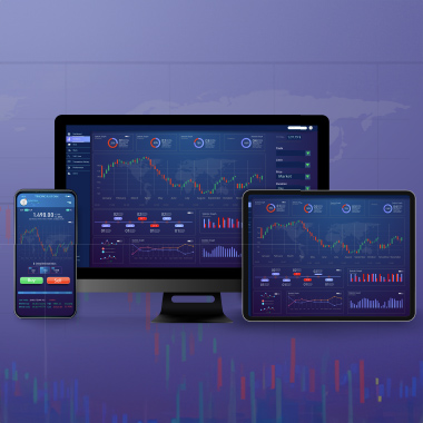 A desktop, tablet and phone showing wealth management investment platforms